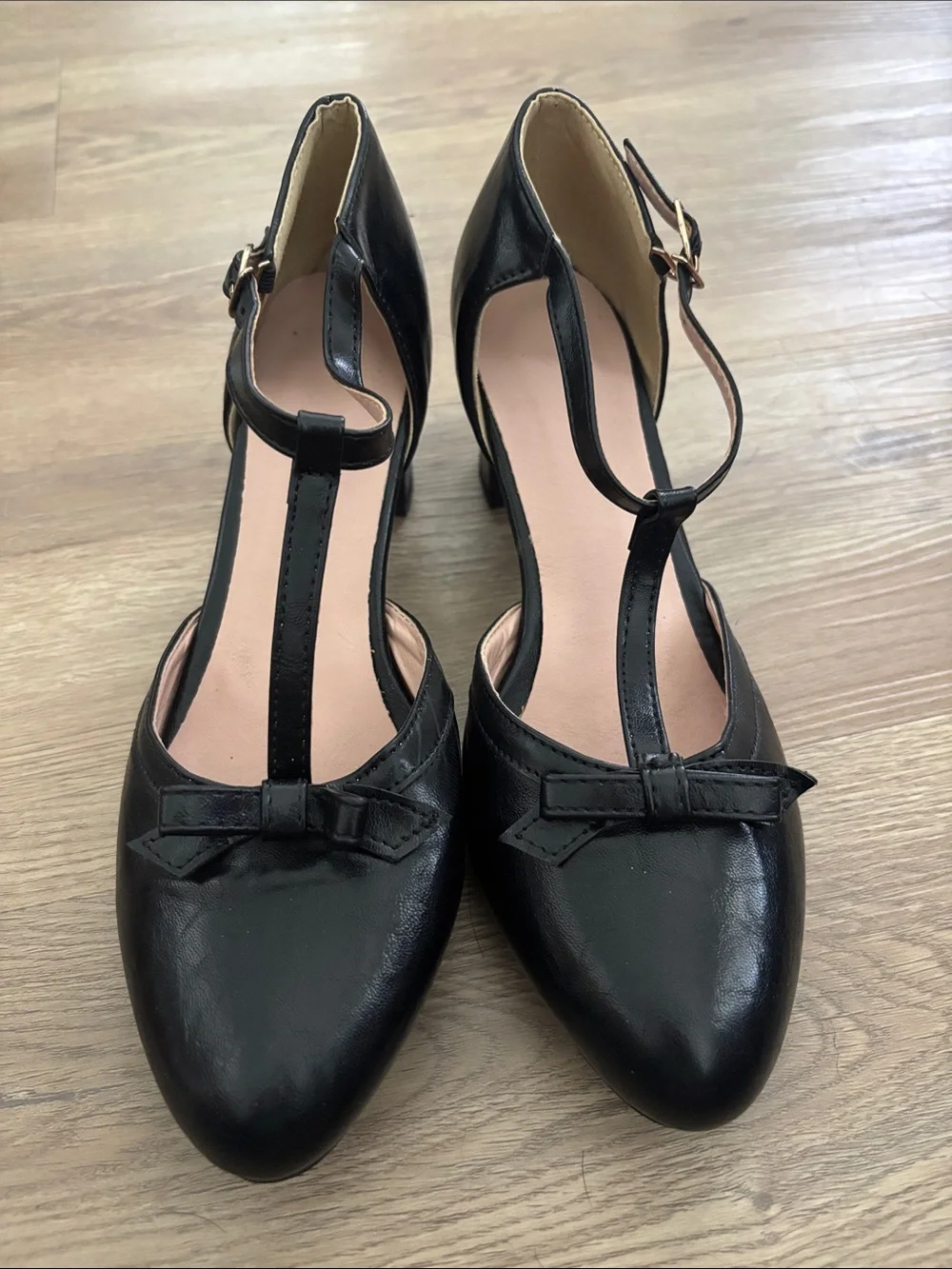 Black T-Strap Pointed-Toe Heels with Bow Accent